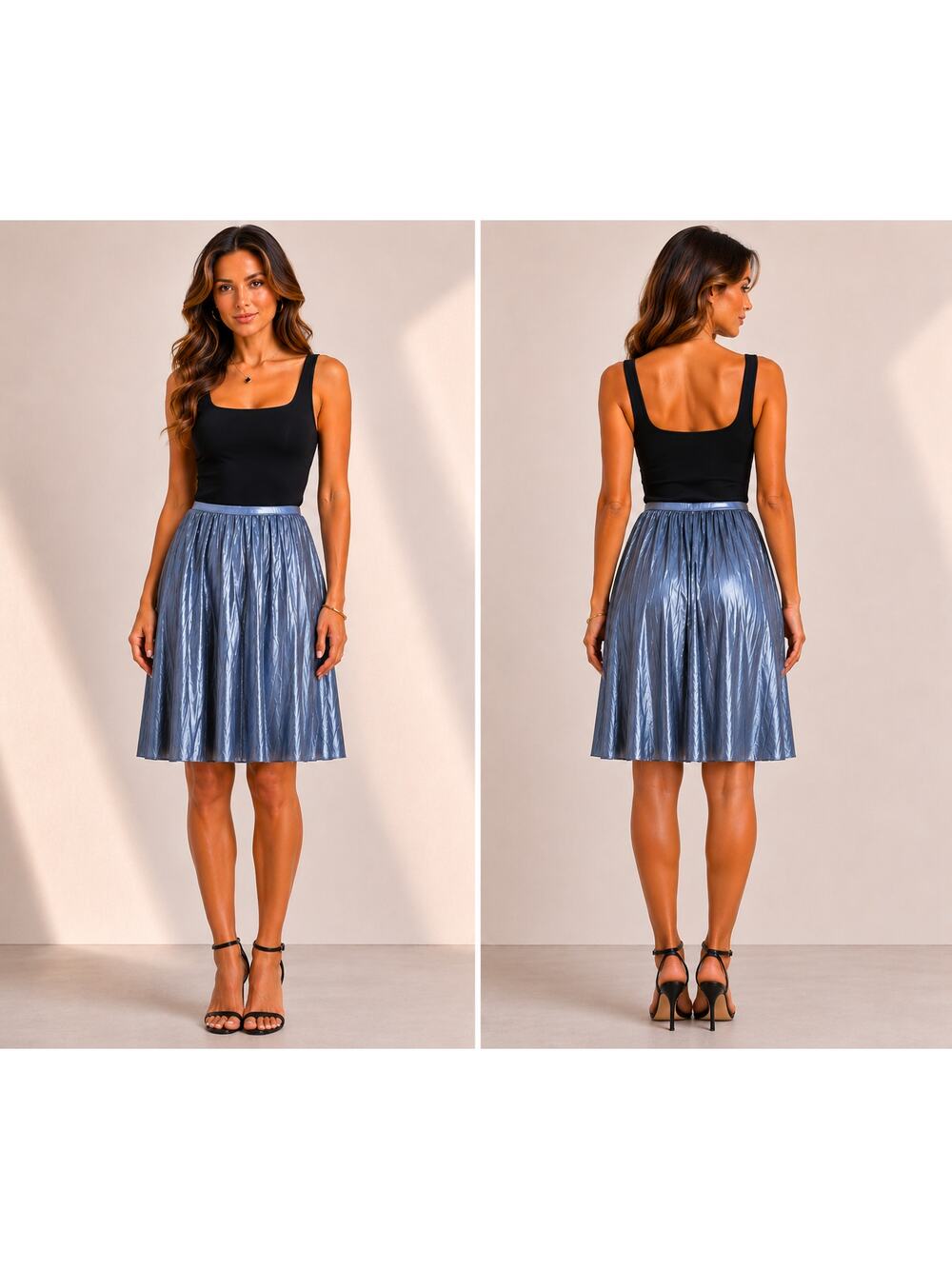 Cache Silver Gray Metallic Luxe Pleated Stretch Waist Soft Skirt NWT $178 New XL